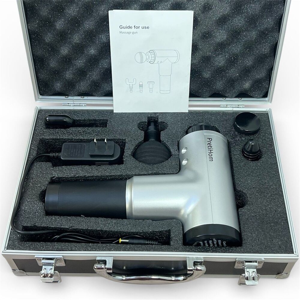 PretiHom Massage Gun Deep Tissue Percussion Muscle Therapy Handheld w/ 4 Heads